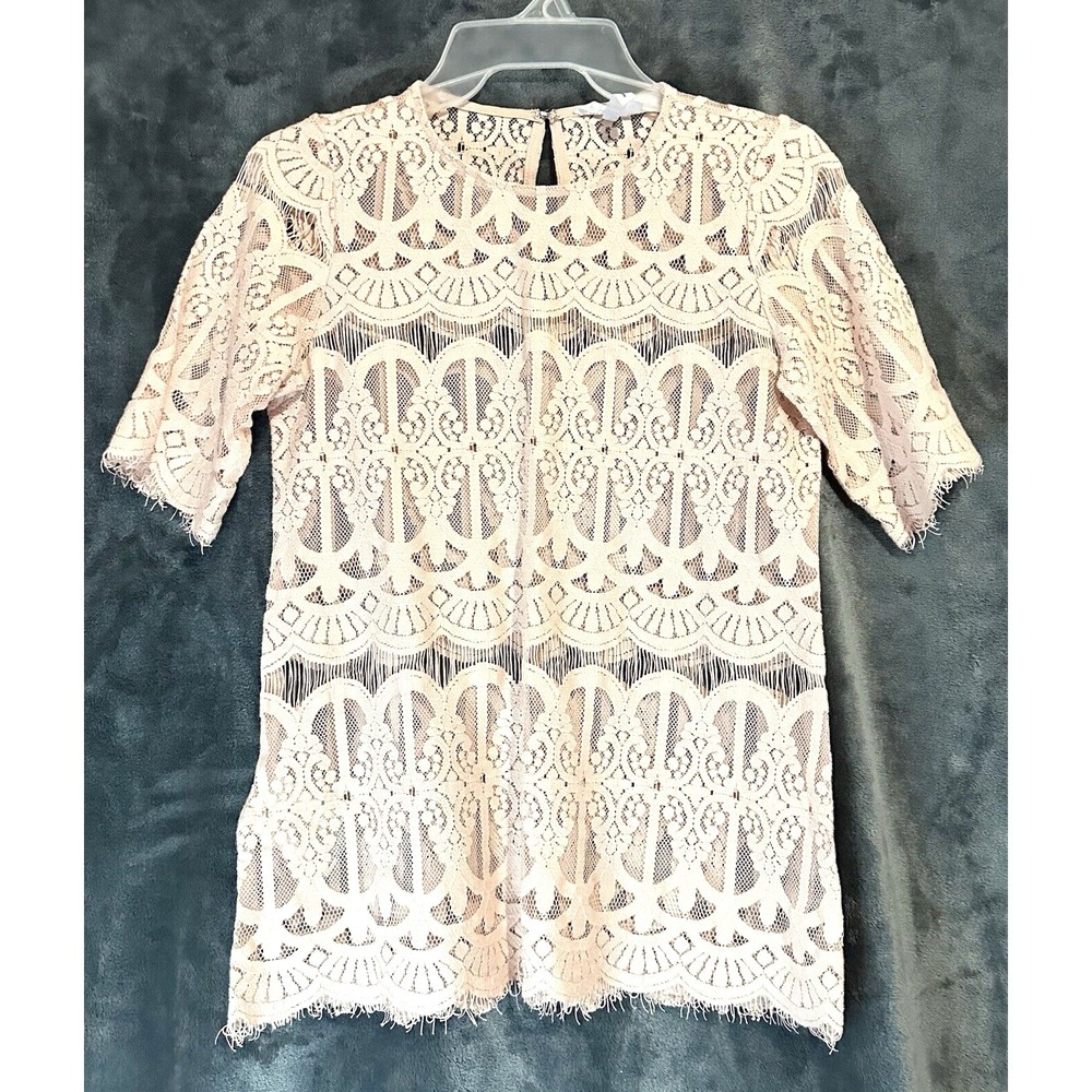 BCBGeneration Shirt Blouse Women's Size XS Coquette Lace Pink Short Sleeve Top